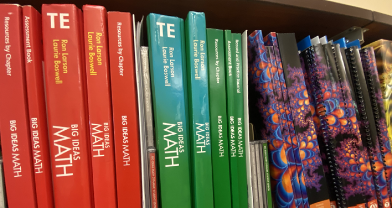 A shelf filled with curriculum books.