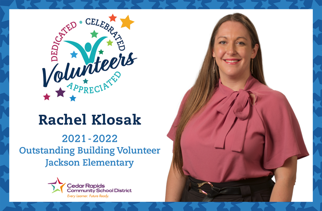 Rachel Klosak outstanding building volunteer at Jackson Elementary.