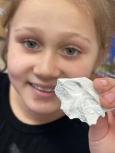 Student hammered into 'rocks' to find a fossil.