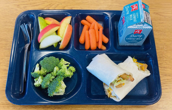 Food and Nutrition Food Tray of Chicken Ranch Wrap, milk, carrots, apples, and broccoli