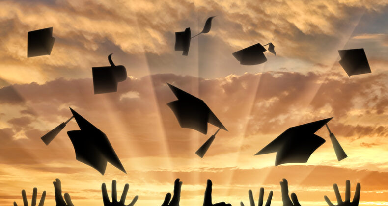 Decorative image: Hands throwing graduation caps into the air