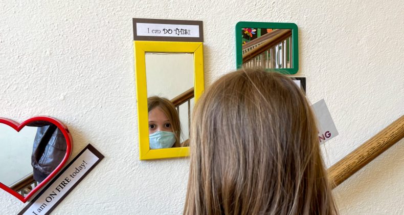 student looking at self in mirror labeled 