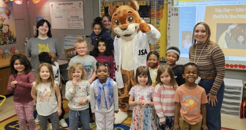 students with mascot
