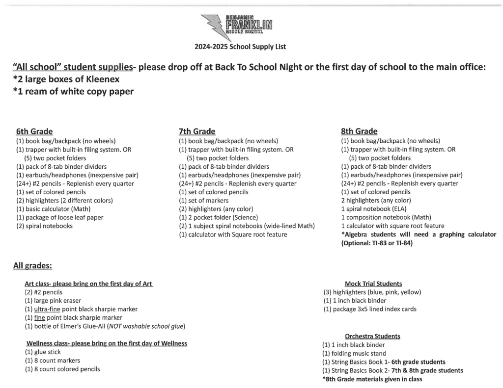 Franklin 24 25 supply list