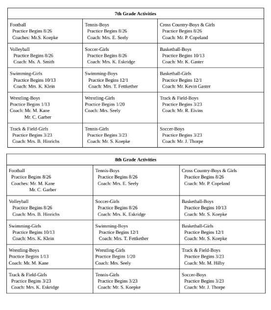 Activities Schedule and Coaches for the 25/26 school year.